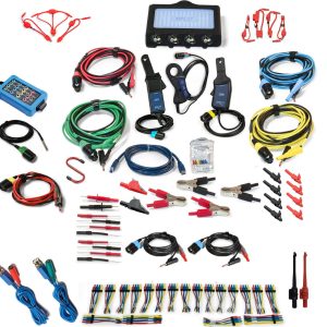 PQ4425A Deluxe Kit PicoScope 4-Channel oscilloscope on display with the numerous accessories included in the kit, as well as the oscilloscope and accessory storage components.