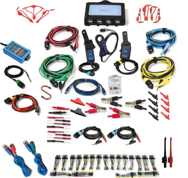 PQ4425A Deluxe Kit PicoScope 4-Channel oscilloscope on display with the numerous accessories included in the kit, as well as the oscilloscope and accessory storage components.