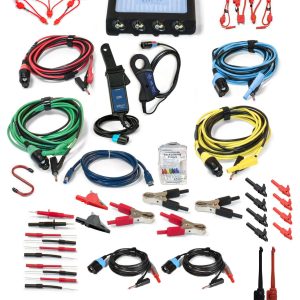 PQ4425A Standard Kit PicoScope 4-Channel oscilloscope on display with the numerous accessories included in the kit, as well as the oscilloscope and accessory storage components.