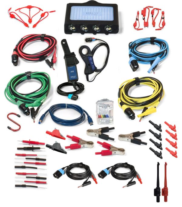 PQ4425A Standard Kit PicoScope 4-Channel oscilloscope on display with the numerous accessories included in the kit, as well as the oscilloscope and accessory storage components.